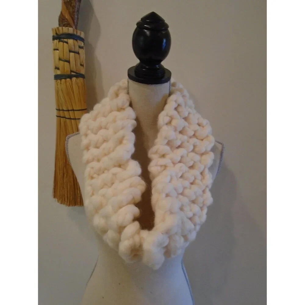 Hand Knit Cream Chunky Infinity Scarf: Wool Acrylic Blend